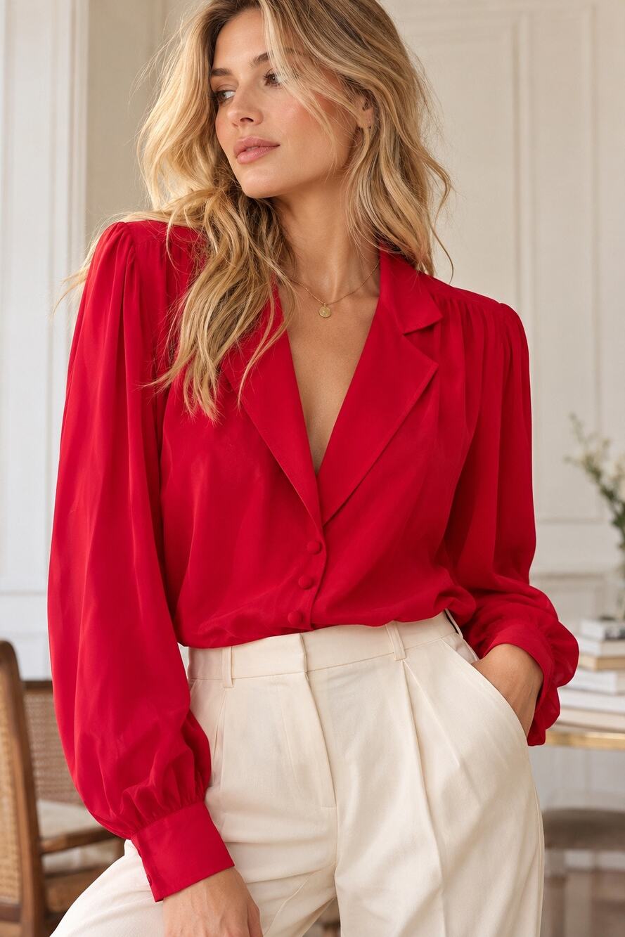 Vintage Bullock’s 100% Silk Red Blouse Size 4 Draped Secretary Top Quiet Luxury
